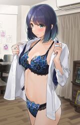 Rule 34 | 1girl, air conditioner, black bra, black panties, blue eyes, blue hair, blue necktie, blush, bra, breasts, chair, closed mouth, commentary request, curtains, desk, dress shirt, fingernails, floral print, gradient hair, green hair, highres, indoors, kurokawa akane, lace, lace-trimmed bra, lace-trimmed panties, lace trim, long fingernails, long sleeves, medium breasts, medium hair, multicolored hair, navel, necktie, no pants, office chair, open clothes, open shirt, opened by self, oshi no ko, panties, photo (object), shirt, solo, stomach, sweatdrop, swept bangs, swivel chair, tipii, underwear, undone necktie, white shirt, wooden floor