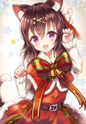 Rule 34 | 1girl, :d, animal ears, bell, belt, blush, brown hair, cat ears, cat girl, cat tail, christmas, commentary request, dress, fur collar, hair between eyes, hair ornament, hairclip, jingle bell, long sleeves, looking at viewer, medium hair, open mouth, original, paw pose, purple eyes, red dress, sakura ani, smile, snowflakes, solo, standing, star (symbol), star hair ornament, tail