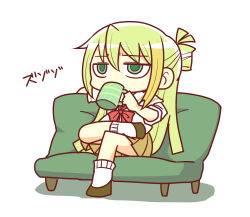 Rule 34 | 1girl, alina gray, blonde hair, bow, bowtie, brown footwear, brown skirt, chibi, couch, cup, drinking, green eyes, green hair, hair between eyes, holding, holding cup, layered sleeves, long hair, long sleeves, magia record: mahou shoujo madoka magica gaiden, mahou shoujo madoka magica, mug, multicolored hair, on couch, red bow, red bowtie, saigokudou, sakae general school uniform, school uniform, shirt, short over long sleeves, short sleeves, side-tie shirt, sidelocks, simple background, single hair ring, sitting, skirt, sleeves rolled up, socks, solo, white background, white shirt, white socks