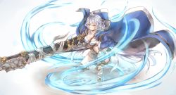 Rule 34 | 1girl, ahoge, aura, bandaged leg, bandages, belt, belt pouch, blue coat, braid, cleavage cutout, clothing cutout, coat, granblue fantasy, grey hair, gun, hair between eyes, highres, holding, holding gun, holding weapon, hood, hood down, hooded coat, huge weapon, knee pads, limitless skye, long hair, looking at viewer, navel, on one knee, open clothes, open coat, parted lips, pouch, silva (granblue fantasy), solo, very long hair, weapon, wind, yellow eyes