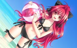 Rule 34 | 1girl, :d, ball, beachball, bikini, breasts, corticarte apa lagranges, highres, open mouth, outdoors, partially submerged, red hair, shinkyoku soukai polyphonica, small breasts, smile, solo, swimsuit, tagme, thigh strap, water