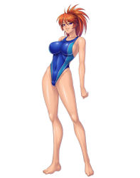 Rule 34 | 1girl, arms up, bikini, black bikini, breasts, cara the blood lord, competition swimsuit, covered erect nipples, groin, hand on own hip, highres, kagami hirotaka, kamimura azuma, lilith-soft, one-piece swimsuit, open clothes, open shirt, orange hair, purple eyes, shirt, solo, swimsuit