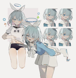 1girl :o alternate_costume animal_charm arms_behind_back arona_(blue_archive) black_shorts blue_archive blue_eyes blue_shirt bow colored_inner_hair commentary_request cropped_legs expressions feet grey_background gym_shorts hair_bow hair_over_one_eye halo highres holding holding_weapon light_smile looking_at_viewer multicolored_hair multiple_views note_nii open_mouth pink_hair sailor_collar shirt short_hair shorts simple_background skirt smile sparkling_eyes t-shirt weapon white_background white_bow white_sailor_collar white_shirt white_skirt