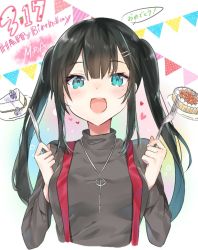 Rule 34 | 1girl, :d, black hair, blue eyes, blush, cake, commentary request, copyright request, english text, food, fork, grey shirt, hair ornament, hairclip, hands up, happy birthday, holding, jewelry, knife, long sleeves, looking at viewer, mole, mole under eye, nana kagura, necklace, open mouth, plate, shirt, smile, solo, suspenders, twintails