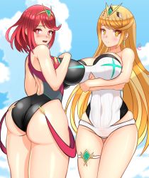Rule 34 | 2girls, absurdres, ahoge, ass, bare shoulders, blonde hair, blush, breasts, circlet, cloud, competition swimsuit, crossed arms, curvy, day, earrings, embarrassed, female focus, from behind, gem, hair ornament, headpiece, highres, huge ass, indoors, jewelry, large breasts, long hair, looking at viewer, mak0h, multiple girls, mythra (radiant beach) (xenoblade), mythra (xenoblade), nintendo, one-piece swimsuit, open mouth, orange eyes, outdoors, pyra (pro swimmer) (xenoblade), pyra (xenoblade), red eyes, red hair, shiny skin, short hair, sideboob, sky, smile, strapless, strapless one-piece swimsuit, swept bangs, swimsuit, thick thighs, thigh strap, thighs, tiara, very long hair, wide hips, xenoblade, xenoblade chronicles (series), xenoblade chronicles 2, yellow eyes