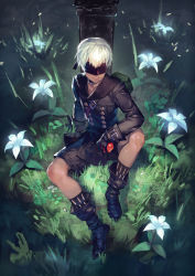 Rule 34 | 1boy, absurdres, android, apple, blindfold, boots, buckle, buttons, chain, choker, flower, food, fruit, gloves, glowing, grass, highres, holding, holding food, holding fruit, katahira (hiyama), male focus, nier (series), nier:automata, patterned clothing, pod (nier:automata), short hair, shorts, sitting, solo, strap, sword, weapon, white flower, white hair, 9s (nier:automata)