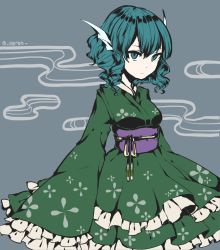 Rule 34 | 1girl, animal ears, bad id, bad twitter id, blue eyes, blue hair, drill hair, egret, fins, floral print, frills, head fins, highres, japanese clothes, kimono, long sleeves, matching hair/eyes, mermaid, monster girl, obi, one-hour drawing challenge, sash, solo, touhou, wakasagihime, wide sleeves