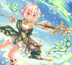 Rule 34 | 1girl, :d, antenna hair, bad id, bad pixiv id, bare shoulders, blue sky, blush, cloud, commentary request, day, detached sleeves, dress, flower, gatchapowa, hair between eyes, hair flower, hair ornament, holding, holding polearm, holding spear, holding weapon, kokkoro (princess connect!), long sleeves, looking away, open mouth, outdoors, pointy ears, polearm, princess connect!, puffy long sleeves, puffy sleeves, purple eyes, see-through, see-through sleeves, silver hair, sky, sleeveless, sleeveless dress, smile, solo, spear, v-shaped eyebrows, weapon, white dress, white flower