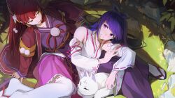 Rule 34 | 2girls, absurdres, arm support, ayanokouji kanna, character request, check character, detached sleeves, furizuu20, green eyes, hair ribbon, highres, japanese clothes, kimono, lying, lying on another, lying on lap, maplestory, medium hair, miko, multiple girls, purple eyes, purple hair, red hair, ribbon, sandals, sitting, yukata, zouri