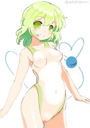 Rule 34 | 1girl, bare arms, bare shoulders, breasts, cameltoe, cleft of venus, commentary request, cowboy shot, green eyes, green hair, hamaburicchi, head tilt, heart, heart of string, highleg, highleg swimsuit, komeiji koishi, medium breasts, medium hair, navel, nipples, one-piece swimsuit, pussy, see-through, simple background, smile, solo, stomach, swimsuit, third eye, touhou, twitter username, white background