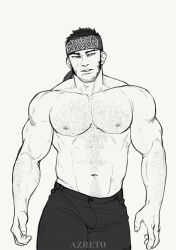Rule 34 | 1boy, abs, ainu clothes, arms at sides, azreto, bara, beard, black hair, chest hair, facial hair, golden kamuy, headband, highres, large pectorals, long sideburns, looking to the side, male focus, mature male, muscular, muscular male, navel, navel hair, nipples, pectorals, sanpaku, scar, scar on face, short hair, sideburns, solo, stomach, strongman waist, stubble, tanigaki genjirou, thick eyebrows, thick thighs, thighs, topless male, walking