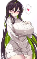 Rule 34 | 1girl, absurdres, ahoge, blush, breasts, brown hair, closed mouth, clothes tug, colored inner hair, goddess of victory: nikke, green hair, guilty (nikke), hair behind ear, hair between eyes, hand on own chest, heart, heart-shaped pupils, highres, huge breasts, long hair, midori (user nsaz3272), multicolored hair, pink eyes, ribbed sweater, simple background, solo, spoken heart, sweater, symbol-shaped pupils, two-tone hair, very long hair, white background, white sweater