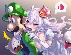 Rule 34 | 1boy, 1girl, ^^^, blush, boo (mario), breasts, cleavage, collarbone, colored tongue, crown, dress, facial hair, floating hair, gloom (expression), gloves, green hat, green shirt, hand on another&#039;s chin, hand on another&#039;s shoulder, hat, heart, heart-shaped pupils, highres, large breasts, licking, licking another&#039;s neck, long hair, luigi, luigi&#039;s mansion, mario (series), mustache, new super mario bros. u deluxe, nintendo, open mouth, overalls, princess king boo, puffy short sleeves, puffy sleeves, purple eyes, purple tongue, sharp teeth, shashaki, shirt, short sleeves, silver hair, spoken heart, super crown, surprised, sweatdrop, symbol-shaped pupils, teeth, tongue, tongue out, very long hair, white dress, white gloves