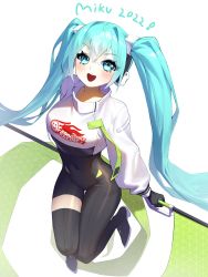 Rule 34 | 1girl, absurdres, aqua eyes, aqua hair, asymmetrical bodysuit, black bodysuit, blush, bodysuit, boots, covered navel, crop top, crop top overhang, cropped jacket, dated, flag, flagpole, flame print, from above, goodsmile company, hatsune miku, highres, holding, holding flag, holding pole, knees together feet apart, long sleeves, looking at viewer, pole, racing miku, racing miku (2022), sbgu, single thigh boot, smile, smiley face, solo, thigh boots, thigh gap, thighhighs, twintails, vocaloid