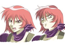 Rule 34 | 1girl, angry, concept art, kirishima reiko, looking at viewer, mugen senshi valis, neckerchief, open mouth, red eyes, red hair, scarf, shoulder pads, simple background, telenet japan, valis, white background