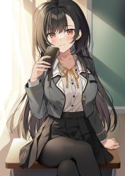 Rule 34 | 1girl, bad id, bad pixiv id, black hair, black pantyhose, black skirt, blush, breasts, cellphone, cleavage, closed mouth, collarbone, collared shirt, commentary request, crossed legs, desk, highres, holding, holding phone, kuroki (ma-na-tu), large breasts, long sleeves, looking at viewer, on desk, original, pantyhose, phone, pleated skirt, red eyes, shirt, sitting, on desk, skirt, smartphone, solo