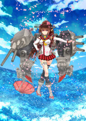 Rule 34 | 10s, 1girl, bare shoulders, blue sky, brown hair, cannon, cherry blossoms, day, detached sleeves, hair ornament, hand on own hip, highres, kantai collection, long hair, looking at viewer, machinery, miniskirt, neckerchief, oil-paper umbrella, pink eyes, ponytail, skirt, sky, smile, solo, standing, standing on liquid, umbrella, uran (uran-factory), very long hair, water, yamato (kancolle)