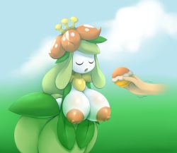 Rule 34 | 1girl, blue background, blue sky, breasts, closed eyes, cloud, creatures (company), crown, cupcake, day, disembodied hand, female focus, flower, food, food focus, game freak, gen 5 pokemon, gradient background, green background, green hair, hair flower, hair ornament, highres, huge breasts, large areolae, leaning forward, lilligant, long hair, metachoke, mini crown, nintendo, nipples, no humans, open mouth, outdoors, own hands together, pokemon, pokemon (creature), pokemon bw, red flower, simple background, sky, solo, standing, trembling, v arms