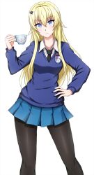 Rule 34 | 1girl, alternate costume, black necktie, black pantyhose, blonde hair, blue eyes, blue skirt, blue sweater, claudia bruford, closed mouth, commentary, cup, dress shirt, emblem, girls und panzer, hair ornament, hand on own hip, highres, holding, holding cup, light frown, long sleeves, looking at viewer, miniskirt, necktie, omachi (slabco), pantyhose, pleated skirt, school uniform, senyoku no sigrdrifa, shirt, simple background, skirt, solo, st. gloriana&#039;s (emblem), st. gloriana&#039;s school uniform, standing, sweater, teacup, v-neck, white background, white shirt, wing collar