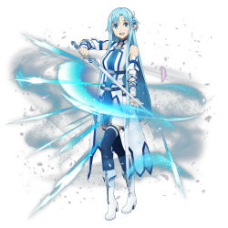 Rule 34 | 1girl, :d, asuna (sao), asuna (sao-alo), blue eyes, blue hair, blue thighhighs, boots, detached sleeves, dress, full body, high heel boots, high heels, highres, holding, holding sword, holding weapon, long hair, open mouth, pleated dress, pointy ears, short dress, sleeveless, sleeveless dress, smile, solo, standing, sword, sword art online, thighhighs, very long hair, weapon, white background, white footwear