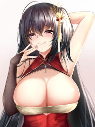 Rule 34 | 1girl, absurdres, ahoge, armpits, arms behind head, arms up, azur lane, bare shoulders, black hair, blush, breasts, bridal gauntlets, bursting breasts, china dress, chinese clothes, cleavage, cleavage cutout, closed mouth, clothing cutout, collarbone, commentary request, crossed bangs, dress, eyelashes, flower, gradient background, hair between eyes, hair ornament, half-closed eyes, highres, jewelry, large breasts, lips, long hair, looking at viewer, masaki nanaya, official alternate costume, red dress, red eyes, sidelocks, skindentation, smile, solo, taihou (azur lane), taihou (phoenix&#039;s spring song) (azur lane), very long hair, white flower
