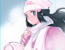 Rule 34 | 1girl, bag, beanie, black hair, blush, chromatic aberration, closed mouth, coat, commentary, creatures (company), danki tm99, dawn (pokemon), duffel bag, eyelashes, floating hair, game freak, grey eyes, hair ornament, hairclip, hand up, hat, highres, long hair, long sleeves, nintendo, pokemon, pokemon dppt, pokemon platinum, scarf, sketch, solo, symbol-only commentary, upper body, white hat, winter clothes