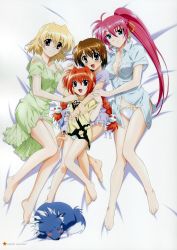 Rule 34 | 00s, 5girls, absurdres, barefoot, bed, blonde hair, blue eyes, blue hair, blush, braid, breasts, brown hair, cleavage, earrings, feet, highres, jewelry, lace, lace-trimmed panties, lace trim, large breasts, lingerie, long hair, lyrical nanoha, mahou shoujo lyrical nanoha, mahou shoujo lyrical nanoha a&#039;s, mahou shoujo lyrical nanoha strikers, mini person, minigirl, multiple girls, nightgown, official art, okuda yasuhiro, open clothes, open mouth, open shirt, panties, pink hair, ponytail, purple eyes, purple panties, red hair, reinforce zwei, scan, shamal, shirt, short hair, signum, smile, striped clothes, striped panties, toes, twin braids, twintails, underwear, vita (nanoha), yagami hayate, zafira
