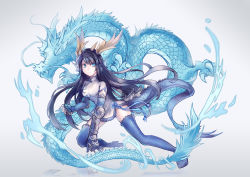 Rule 34 | 1girl, animal ears, blue eyes, blue footwear, blue thighhighs, boots, china dress, chinese clothes, dragon ears, dragon girl, dragon horns, dragon tail, dress, fins, gauntlets, head fins, horns, karin (p&amp;d), long hair, monster girl, puzzle &amp; dragons, qinglong (mythology), smile, spiked knuckles, tail, thigh boots, thighhighs, vienri