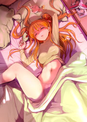 Rule 34 | 1girl, arm up, breasts, closed eyes, clothes lift, commission, from above, hair ribbon, highres, indoors, kanon, long hair, long sleeves, lying, manga (object), medium breasts, mikazuki akira!, navel, on back, on bed, orange hair, panties, parted lips, pillow, red ribbon, ribbon, sawatari makoto, sidelocks, skeb commission, sleeping, solo, stomach, sweater, sweater lift, thighs, twintails, underwear, white panties, yellow sweater