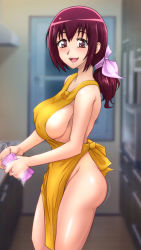 Rule 34 | 1girl, absurdres, apron, bare legs, blurry, blurry background, blush, breasts, covered erect nipples, highres, hoshizora ikuyo, indoors, kitchen, large breasts, legs, long hair, looking at viewer, mature female, naked apron, open mouth, ponytail, precure, purple hair, red eyes, sideboob, smile, smile precure!, solo, sponge, standing, t-aoba, thighs