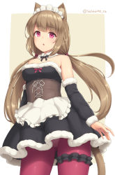 Rule 34 | 1girl, animal ear fluff, animal ears, apron, cat ears, cat girl, cat tail, chestnut mouth, cowboy shot, detached collar, detached sleeves, dress, female focus, fur trim, gluteal fold, light brown hair, long hair, looking at viewer, low twintails, maid headdress, original, panties, panties under pantyhose, pantyhose, red eyes, red pantyhose, sasaame, sidelocks, solo, strapless, strapless dress, tail, thigh strap, twintails, underwear