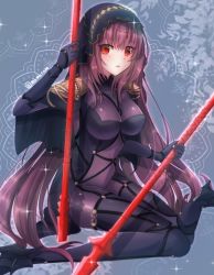 Rule 34 | 1girl, armor, bodysuit, breasts, dual wielding, fate/grand order, fate (series), gae bolg (fate), highres, holding, large breasts, long hair, looking at viewer, pauldrons, polearm, purple bodysuit, purple hair, red eyes, scathach (fate), scathach (fate), shoulder armor, solo, sparkle, spear, tanaji, twitter username, veil, weapon