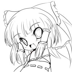 Rule 34 | 1girl, bow, female focus, greyscale, hair bow, hair tubes, hakurei reimu, lineart, looking at viewer, monochrome, open mouth, smile, solo, touhou, yume shokunin
