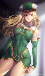 Rule 34 | 1girl, artist name, blonde hair, blue eyes, breasts, closed mouth, commentary request, covered navel, detached sleeves, dress, freya (valkyrie profile), green dress, hat, highres, legs, long hair, looking to the side, medium breasts, mellowd, short dress, skin tight, solo, thighs, valkyrie profile (series)