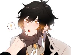 Rule 34 | 2boys, ?, black gloves, black hair, blush, brown hair, collar, collared shirt, earrings, formal, genshin impact, gloves, hair between eyes, hand on another&#039;s chin, jacket, jewelry, long hair, long sleeves, male focus, multicolored hair, multiple boys, open mouth, owowow0, shirt, simple background, single earring, speech bubble, suit, tartaglia (genshin impact), tassel, tassel earrings, white background, yellow eyes, zhongli (genshin impact)