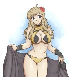 Rule 34 | 1girl, absurdres, bikini, blonde hair, blue background, blue eyes, blush, breasts, cleavage, cleavage cutout, clothing cutout, fire emblem, fire emblem fates, flower, hair flower, hair ornament, hayato stuff, highres, holding, large breasts, long hair, looking to the side, midriff, navel, nintendo, ophelia (fire emblem), smile, swimsuit, towel, two-tone background, white background, wrist cuffs, yellow bikini