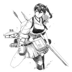Rule 34 | 1girl, arrow (projectile), bow (weapon), breasts, closed mouth, collarbone, commentary request, cropped legs, expressionless, flight deck, gloves, greyscale, hair between eyes, hakama, hakama short skirt, hakama skirt, holding, holding bow (weapon), holding weapon, japanese clothes, kaga (kancolle), kantai collection, kimono, leaning forward, long hair, looking to the side, machinery, monochrome, muneate, partially fingerless gloves, partly fingerless gloves, pleated skirt, quiver, rigging, side ponytail, simple background, skirt, solo, tasuki, thighhighs, water, weapon, weidashming, white background, yugake