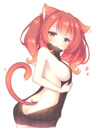 Rule 34 | 1girl, animal ears, areola slip, ass, azur lane, backless outfit, bare back, black sweater, blush, breasts, brown eyes, butt crack, cat ears, cat girl, cat tail, commentary request, heart, i-19 (azur lane), large breasts, long hair, looking at viewer, looking back, meme attire, naked sweater, parted lips, red hair, ribbed sweater, sakurato ototo shizuku, sideboob, simple background, solo, sweater, tail, tail raised, turtleneck, turtleneck sweater, twintails, virgin killer sweater, white background
