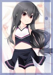Rule 34 | 1girl, alternate costume, artist name, black hair, black skirt, character name, cheerleader, commentary request, cowboy shot, flat chest, hatsushimo (kancolle), highres, inaba shiki, kantai collection, long hair, looking at viewer, low-tied long hair, lying, multicolored shirt, pleated skirt, red eyes, shirt, skirt, sleeveless, sleeveless shirt, smile, solo