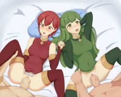 Rule 34 | 2girls, absurdres, breasts, clothed sex, est (fire emblem), fire emblem, fire emblem echoes: shadows of valentia, green eyes, green hair, highres, long hair, lying, missionary, multiple girls, nintendo, on back, onlysupport, palla (fire emblem), penis, pussy, red eyes, red hair, sex, short hair, spread legs, uncensored, vaginal
