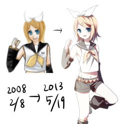 Rule 34 | 1girl, arrow (symbol), artist progress, bad id, bad pixiv id, blonde hair, blue eyes, comparison, dated, detached sleeves, hair ornament, hair ribbon, hairclip, kagamine rin, looking at viewer, midriff, multiple views, navel, nishina (alive001), open mouth, redrawn, ribbon, short hair, shorts, vocaloid, white background