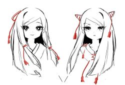 Rule 34 | 1girl, before and after, hair ornament, hairband, highres, horns, humanization, japanese clothes, kimono, light smile, long hair, nippaku zanmu, oni, oni horns, ornate clothes, raised eyebrow, red hair, simple background, smile, touhou, unfinished dream of all living ghost, yuka yukiusa