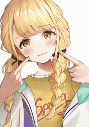 Rule 34 | 1girl, absurdres, blonde hair, blush, braid, commentary request, fingers to cheeks, fujita kotone, gakuen idolmaster, hair ribbon, head tilt, highres, idolmaster, jacket, kettletoku, light smile, looking at viewer, multicolored clothes, multicolored jacket, ribbon, shirt, simple background, solo, twin braids, upper body, white background, yellow eyes, yellow shirt