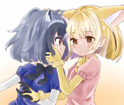 Rule 34 | 10s, 2girls, animal ears, black bow, black bowtie, black gloves, black hair, blonde hair, blush, bow, bowtie, brown eyes, common raccoon (kemono friends), extra ears, eye contact, fennec (kemono friends), fox ears, gloves, grey hair, hand in another&#039;s hair, holding hands, kemono friends, looking at another, megumi 222, multiple girls, open mouth, puffy short sleeves, puffy sleeves, raccoon ears, short hair, short sleeves, yellow bow, yellow bowtie, yellow gloves, yuri