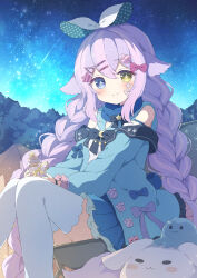 Rule 34 | 1girl, black bow, blue bow, blue coat, blue eyes, blue skirt, bottle, bow, braid, closed mouth, coat, commission, hair between eyes, hair bow, heterochromia, highres, holding, holding bottle, night, night sky, original, outdoors, pink bow, purple bow, purple hair, sitting, skeb commission, skirt, sky, smile, star (sky), star (symbol), star print, star sticker, sticker on face, twin braids, tyakomes, yellow eyes