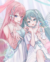 Rule 34 | 2girls, absurdres, aqua eyes, aqua hair, aqua nails, bare shoulders, blue eyes, bubble, bubble wand, collar, commentary, detached collar, dress, english commentary, frilled collar, frills, hair between eyes, hair ornament, hair ribbon, hairclip, hand on another&#039;s shoulder, hatsune miku, highres, holding, knee up, light blush, long hair, looking at viewer, megurine luka, mixed-language commentary, multiple girls, open hand, open mouth, pink hair, pink sleeves, ribbon, see-through, see-through sleeves, smile, twintails, very long hair, vocaloid, vs0mr, white dress, white ribbon