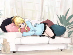 Rule 34 | 1girl, blonde hair, blue eyes, borrowed character, couch, curtains, esia mariveninne, lying, mizma, on side, original, pillow, solo, thighhighs
