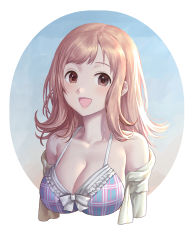 Rule 34 | 1girl, bare shoulders, bikini, blue bikini, blush, bow, breasts, brown eyes, brown hair, cleavage, commentary request, idolmaster, idolmaster shiny colors, light brown hair, long hair, looking at viewer, nhaliz, off shoulder, open mouth, sakuragi mano, smile, solo, swimsuit, white bow