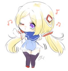 Rule 34 | 1girl, aki rosenthal, aki rosenthal (1st costume), blonde hair, bob cut, dancing, hololive, isuka, musical note, parted bangs, simple background, solo, thighhighs, thighs, twintails, virtual youtuber, white background