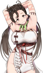 Rule 34 | 1girl, armpits, arms behind head, arms up, bare shoulders, blush, body markings, breasts, brown eyes, brown hair, facial mark, fate/grand order, fate (series), forehead, forehead mark, highres, himiko (fate), himiko (first ascension) (fate), jewelry, large breasts, long hair, looking at viewer, magatama, magatama necklace, necklace, no bra, no panties, smile, thighs, topknot, twintails, yuuzuki (re&#039;ef)